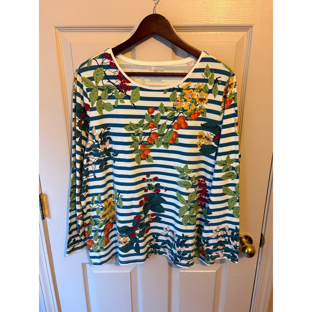 Talbots Tee Womens 2X Plus Floral Fruit Striped Long Sleeve Cotton Blend Top
